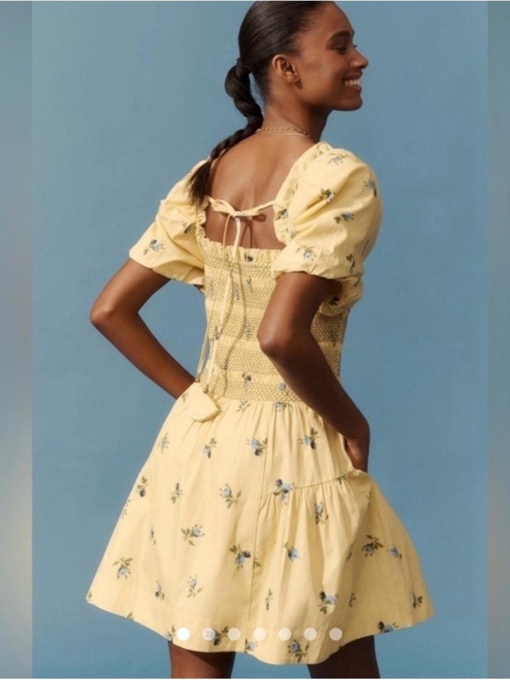 Anthropologie Yellow Smocked Puff-Sleeve Mini Dress with Blue Floral Print - Picture 2 of 4